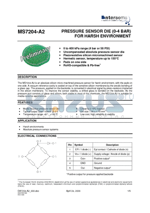 MS7204-A2 datasheet - PRESSURE SENSOR DIE (0-4 BAR) FOR HARSH ENVIRONMENT