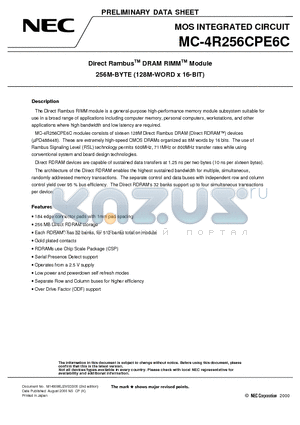 MC-4R256CPE6C datasheet - Direct Rambus DRAM RIMM Module 256M-BYTE 128M-WORD x 16-BIT