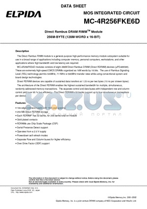 MC-4R256FKE6D-745 datasheet - Direct Rambus DRAM RIMM Module 256M-BYTE (128M-WORD x 16-BIT)