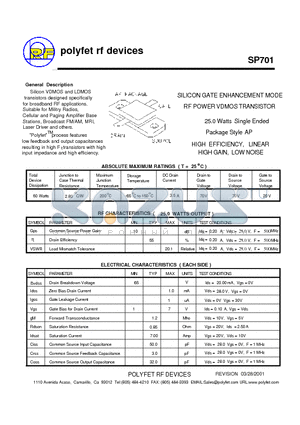 SP701 datasheet - SILICON GATE ENHANCEMENT MODE RF POWER VDMOS TRANSISTOR