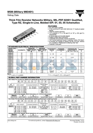 M8340105K10R0JC datasheet - Thick Film Resistor Networks Military, MIL-PRF-83401 Qualified, Type RZ, Single-In-Line, Molded SIP; 01, 03, 05 Schematics