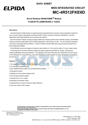 MC-4R512FKE6D-653 datasheet - Direct Rambus DRAM RIMM Module 512M-BYTE (256M-WORD x 16-BIT)