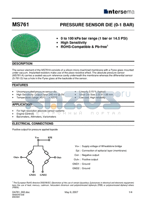 MS761-D datasheet - PRESSURE SENSOR DIE (0-1 BAR)