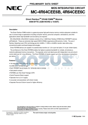 MC-4R64CEE6B datasheet - Direct Rambus DRAM RIMM Module 64M-BYTE 32M-WORD x 16-BIT