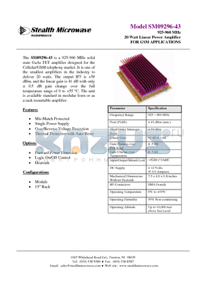 SM09296-43 datasheet - 925-960 MHz 20 Watt Linear Power Amplifier