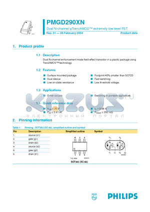 PMGD290XN datasheet - Dual N-channel mTrenchMOS extremely low level FET