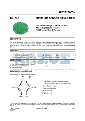 MS767A-0.2 datasheet - PRESSURE SENSOR DIE (0-7 BAR)