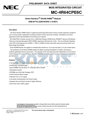 MC-4R64CPE6C-845 datasheet - Direct Rambus DRAM RIMM Module 64M-BYTE 32M-WORD x 16-BIT