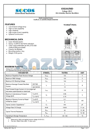 SM10150D_11 datasheet - Voltage 150 V 10A Schottky Barrier Rectifiers