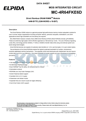 MC-4R64FKE6D-845 datasheet - Direct Rambus DRAM RIMM Module 64M-BYTE (32M-WORD x 16-BIT)