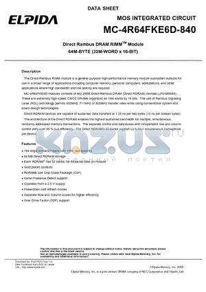 MC-4R64FKE6D-840 datasheet - Direct Rambus DRAM RIMM Module 64M-BYTE (32M-WORD x 16-BIT)