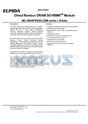 MC-4R64FKE8S datasheet - Direct Rambus DRAM SO-RIMM Module