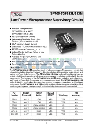 SP706 datasheet - Low Power Microprocessor Supervisory Circuits