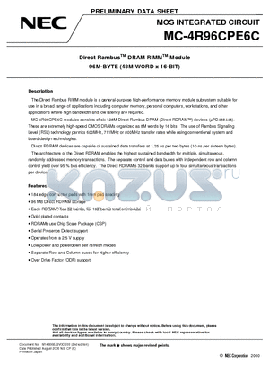 MC-4R96CPE6C datasheet - Direct Rambus DRAM RIMM Module 96M-BYTE 48M-WORD x 16-BIT