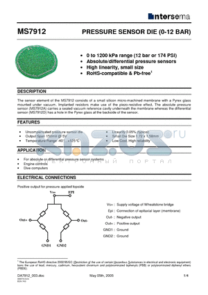 MS7912D datasheet - PRESSURE SENSOR DIE (0-12 BAR)