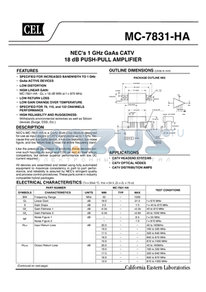 MC-7831-HA datasheet - NECs 1 GHz GaAs CATV 18 dB PUSH-PULL AMPLIFIER