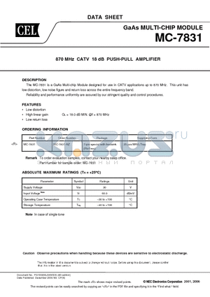 MC-7831_1 datasheet - 870 MHz CATV 18 dB PUSH-PULL AMPLIFIER
