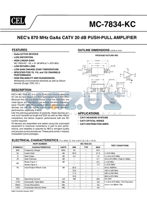 MC-7834-KC-AZ datasheet - NECs 870 MHz GaAs CATV 20 dB PUSH-PULL AMPLIFIER