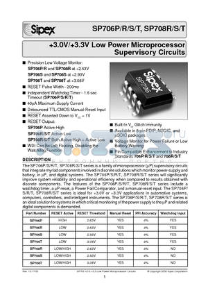 SP706R datasheet - 3.0V/3.3V Low Power Microprocessor Supervisory Circuits