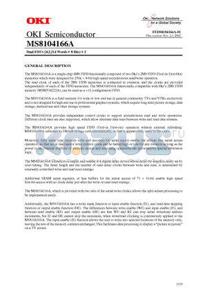 MS8104166A datasheet - Dual FIFO (262,214 Words  8 Bits)  2