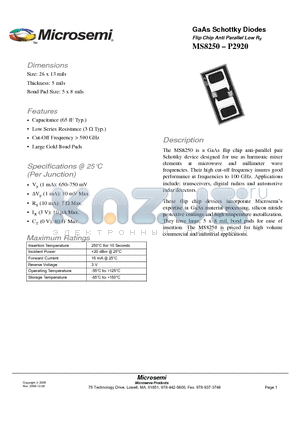 MS8250-P2920 datasheet - GaAs Schottky Diodes Flip Chip Anti Parallel Low RS