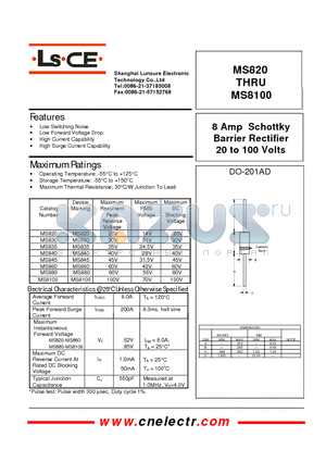 MS820 datasheet - 8Amp schottky barrier rectifier 20to100 volts