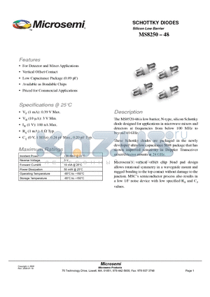 MS8250-48 datasheet - SCHOTTKY DIODES TM Silicon Low Barrier