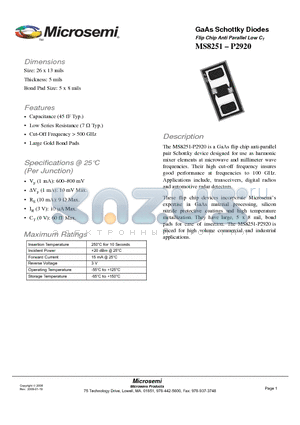 MS8251-P2920 datasheet - GaAs Schottky Diodes Flip Chip Anti Parallel Low C