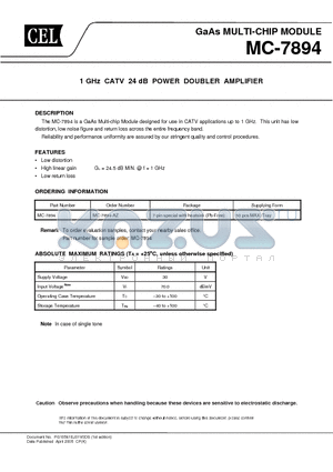 MC-7894-AZ datasheet - 1 GHz CATV 24 dB POWER DOUBLER AMPLIFIER