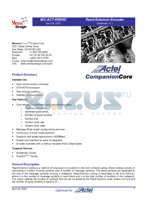 MC-ACT-RSENC-VHDL datasheet - Reed-Solomon Encoder