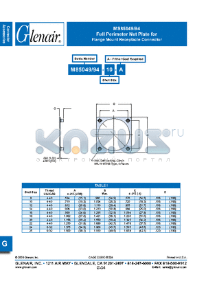MS85049-94-12-A datasheet - Full Perimeter Nut Plate for Flange Mount Receptacle Connector