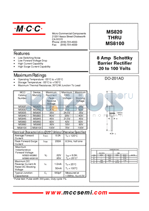 MS880 datasheet - 8 Amp Schottky Barrier Rectifier 20 to 100 Volts