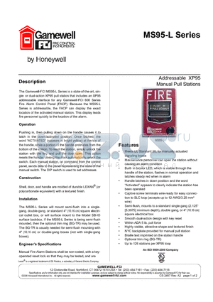 MS95-DL datasheet - Addressable XP95 Manual Pull Stations