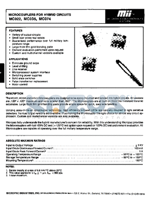 MC013 datasheet - MICROCOUPLERS FOR HYBRID CIRCUITS