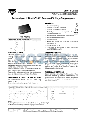 SM15T100A datasheet - Surface Mount TRANSZORB^ Transient Voltage Suppressors