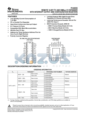 PCA9555DBR datasheet - REMOTE 16-BIT I2C AND SMBus I/O EXPANDER WITH INTERRUPT OUTPUT AND CONFIGURATION REGISTERS