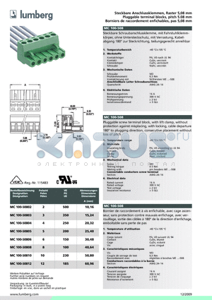 MC100-50812 datasheet - Steckbare Anschlussklemmen, Raster 5,08 mm
