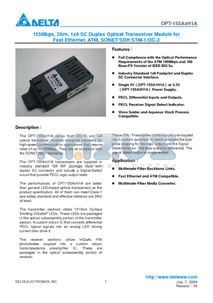 OPT-155A2H1 datasheet - 155Mbps, 2Km, 1x9 SC Duplex Optical Transceiver Module for Fast Ethernet, ATM, SONET/SDH STM-1/OC-3