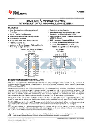 PCA9555RGER datasheet - REMOTE 16-BIT I2C AND SMBus I/O EXPANDER WITH INTERRUPT OUTPUT AND CONFIGURATION REGISTERS