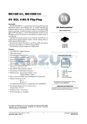 MC100E131FNG datasheet - 5V ECL 4-Bit D Flip-Flop