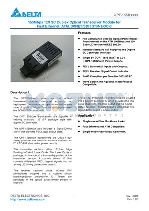 OPT-155B1H1H datasheet - 155Mbps 1x9 SC Duplex Optical Transceiver Module for Fast Ethernet, ATM, SONET/SDH STM-1/OC-3