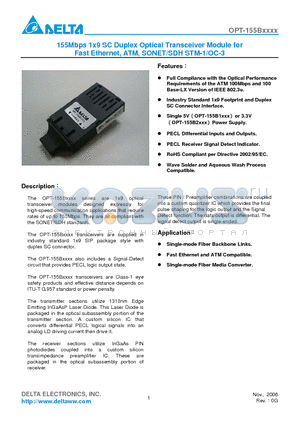 OPT-155B1J1 datasheet - 155Mbps 1x9 SC Duplex Optical Transceiver Module for Fast Ethernet, ATM, SONET/SDH STM-1/OC-3