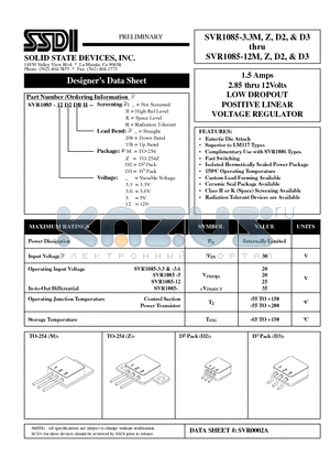 SVR1085-12Z datasheet - 1.5 Amps 2.85 thru 12Volts LOW DROPOUT POSITIVE LINEAR VOLTAGE REGULATOR