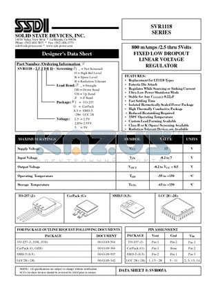 SVR1118-2.5 datasheet - 800 mAmps /2.5 thru 5Volts FIXED LOW DROPOUT LINEAR VOLTAGE REGULATOR