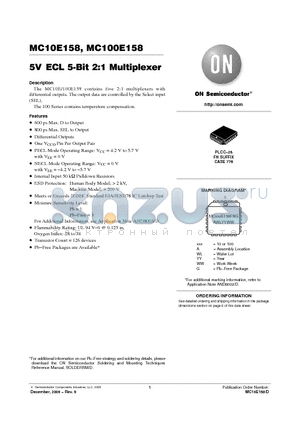 MC100E158 datasheet - 5V ECL 5-Bit 2:1 Multiplexer