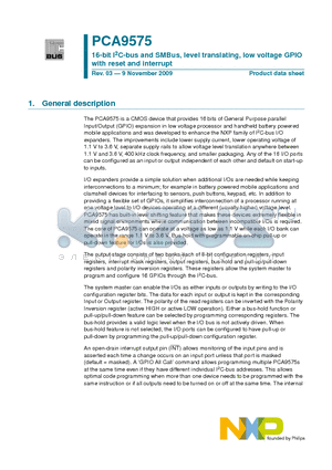 PCA9575PW2 datasheet - 16-bit I2C-bus and SMBus, level translating, low voltage GPIO with reset and interrupt