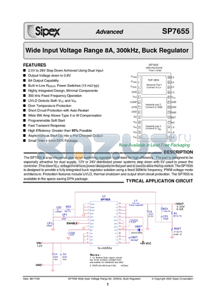 SP7655 datasheet - Wide Input Voltage Range 8A, 300kHz, Buck Regulator