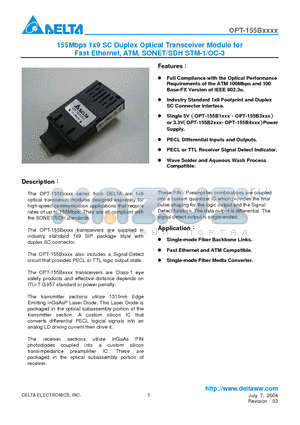OPT-155B3J datasheet - 155Mbps 1x9 SC Duplex Optical Transceiver Module for Fast Ethernet, ATM, SONET/SDH STM-1/OC-3