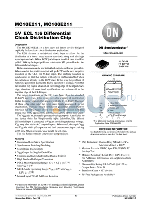MC100E211FNG datasheet - 5V ECL 1:6 Differential Clock Distribution Chip