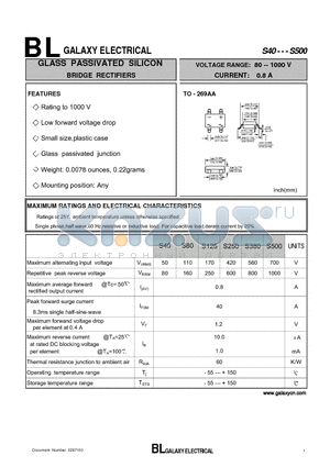 S80 datasheet - GLASS PASSIVATED SILICON BRIDGE RECTIFIERS